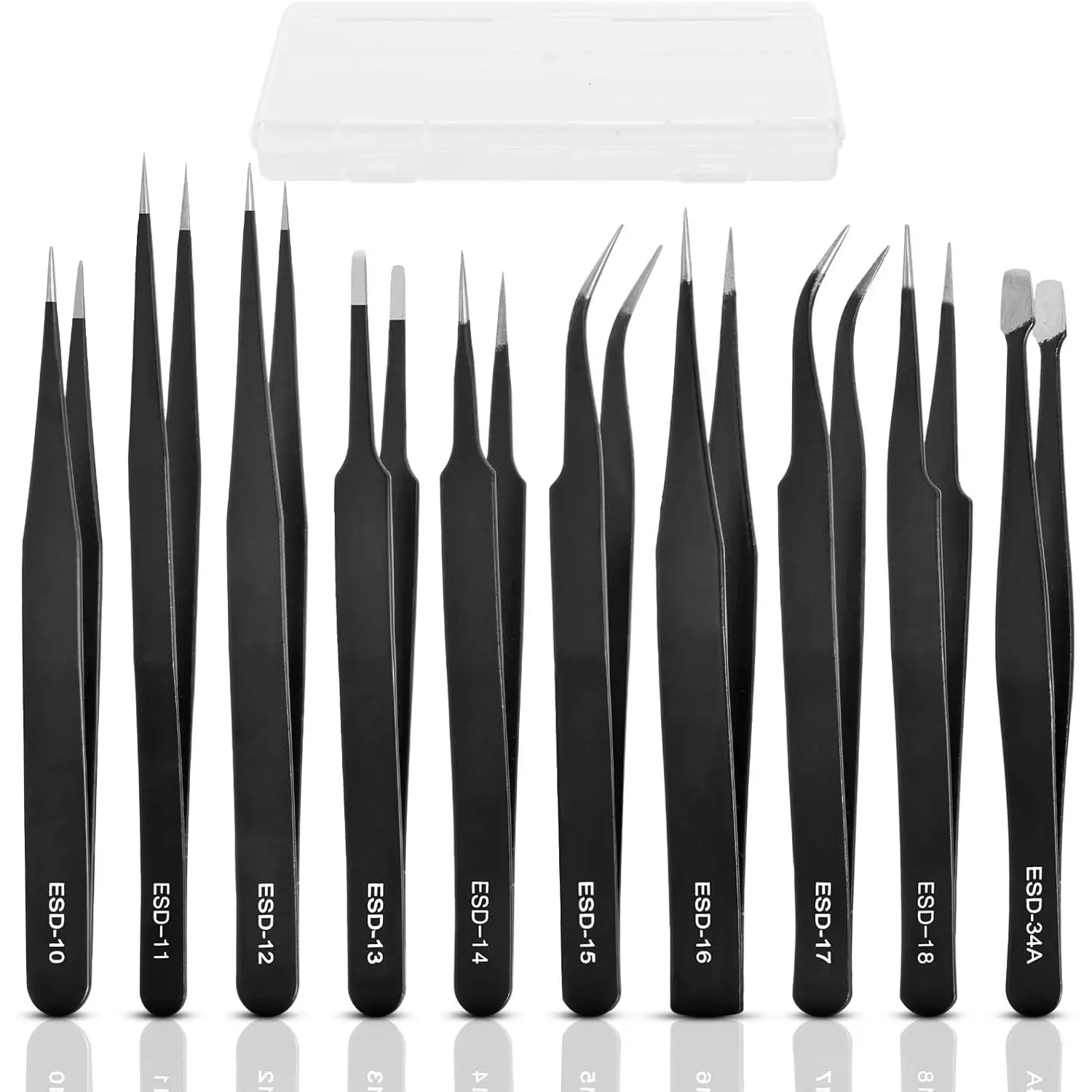 10-Count Industrial Precision Tweezers Set, Upgraded Anti-Static Stainless Steel Tweezers with Transparent Box (Keeps Tidy), Precise Tips for Eyelashes, Electronics Work, DIY Projects