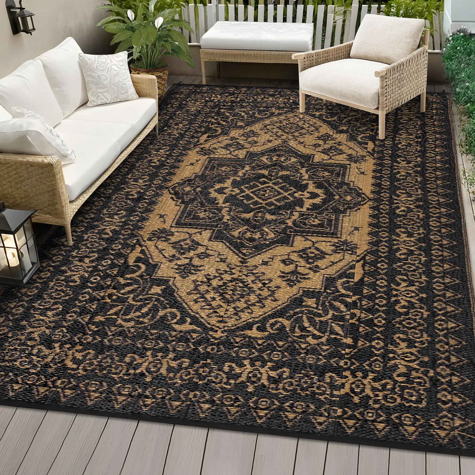 Retro Print Outdoor Rug Double-Sided Garden Decor Large Size Plastic Straw Woven Patio Rug Washable and Foldable for Balconies Beaches Picnics and RVs camping rug