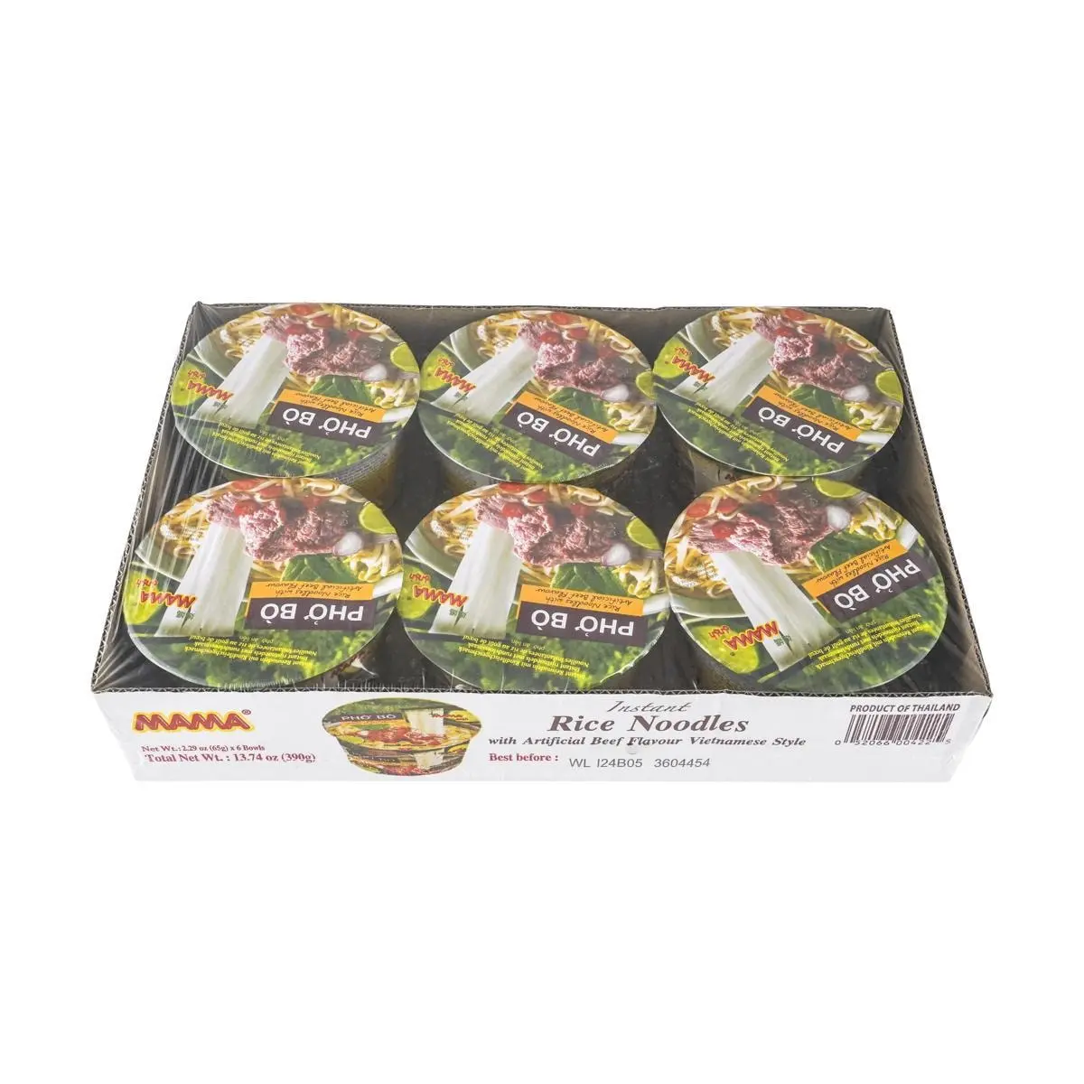 MAMA Beef Pho Noodle Soup Bowl - Authentic Thai & Vietnamese Flavor, Instant Rice Noodles, 65g x 6 Bowls