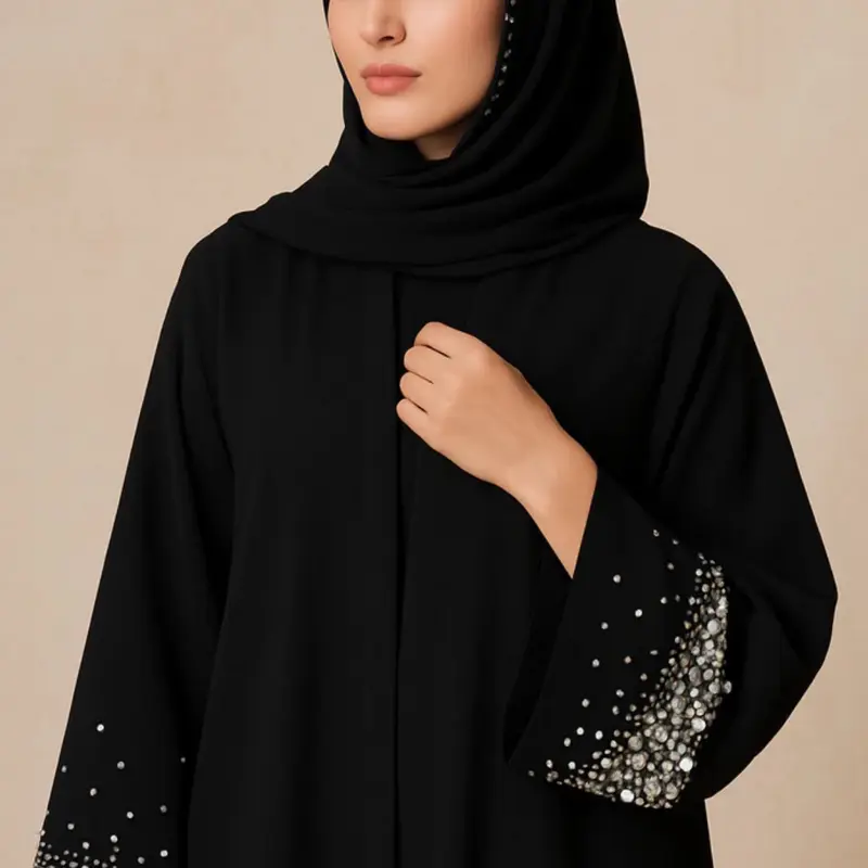 Aźera Black Rhinestone Abaya with Elegant Rhinestone Embellishments on Sleeves Women's Fashion Clothing