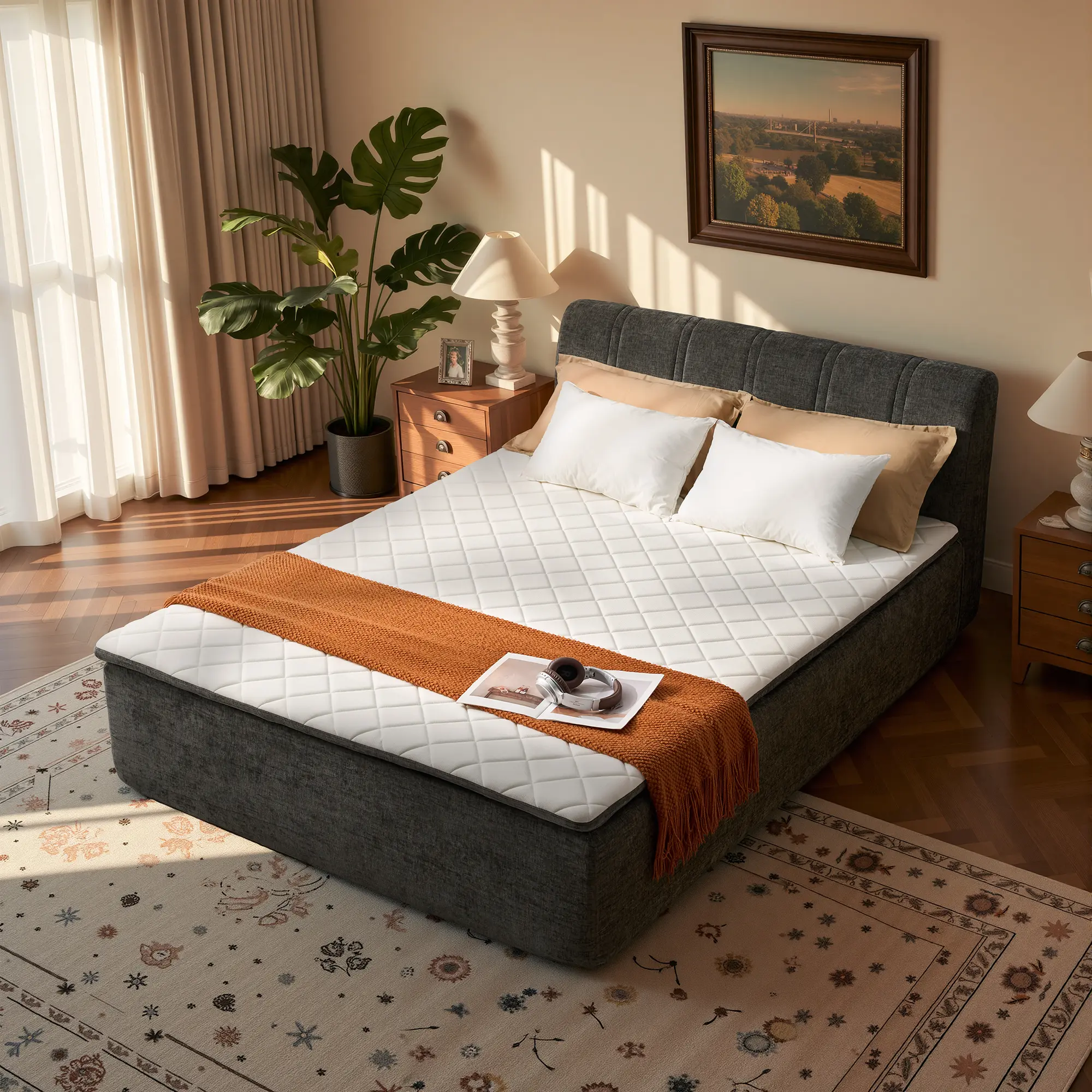【Summerfinds】OVIOS Queen Hybrid Mattress & Bed Frame in One Box with Removable Upholstered Headboard, No Assembly Required, Memory Foam & Pocket Springs, Medium Firm, Motion Isolation & Pressure Relief, CertiPUR-US Certified