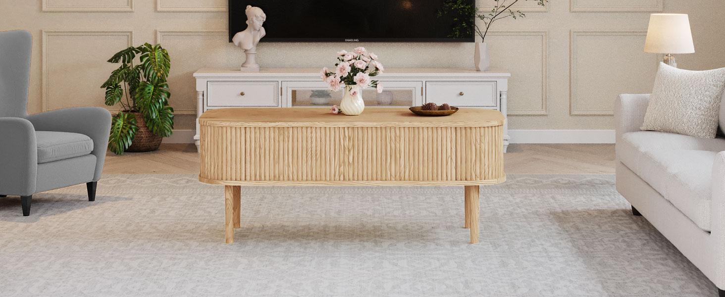 Giratree Fully Assembled Wooden Center Table, Fluted Lift Top Coffee Table with Hidden Compartment, Modern Oval Lift Tabletop for Home Living Room Office Giratree Fully Assembled Wooden Center Table, Fluted Lift Top Coffee Table with Hidden Compartment, Modern Oval Lift Tabletop for Home Living Room Office