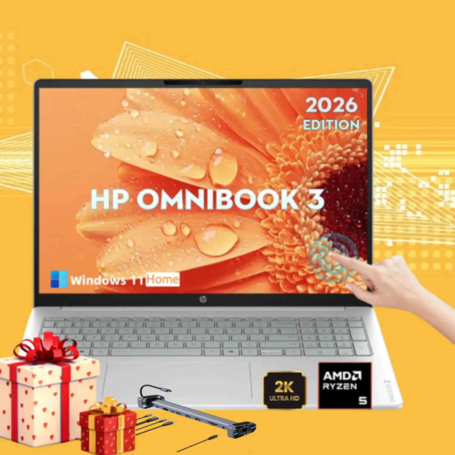 HP OmniBook d1523 2026 Edition 2-in-1 16'' 2K IPS Touchscreen Laptop, AMD Ryzen 5 40, Up To 8GB RAM, 512GB SSD, Built-in Radeon 610M Graphics, FHD Camera, Copilot AI, Windows 11 Home, For Business Use, Accessory Bundle, Businessuse
