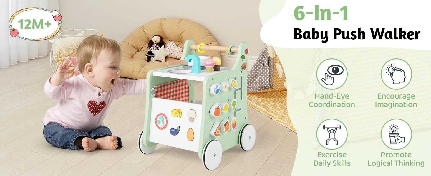 Costzon Montessori Educational Toy, Push and Pull Sit-to-Stand Learning Walker Activity Center, Wooden Baby Walker,Toddler Pretend Play Playset,Push Walker for Boys Girls