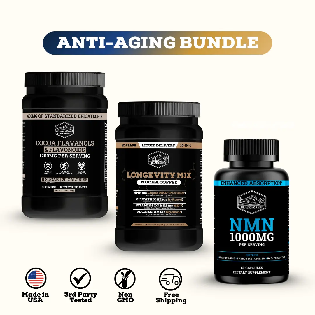Black Forest Supplements Anti Aging Bundle | NMN 1000mg with BioPerine + Longevity Mix Mocha Coffee with NMN & Glutathione + Cocoa Flavanols 1200mg with 600mg Epicatechin | 1,250mg NMN Daily, Supports NAD+, Cellular Energy & Circulation