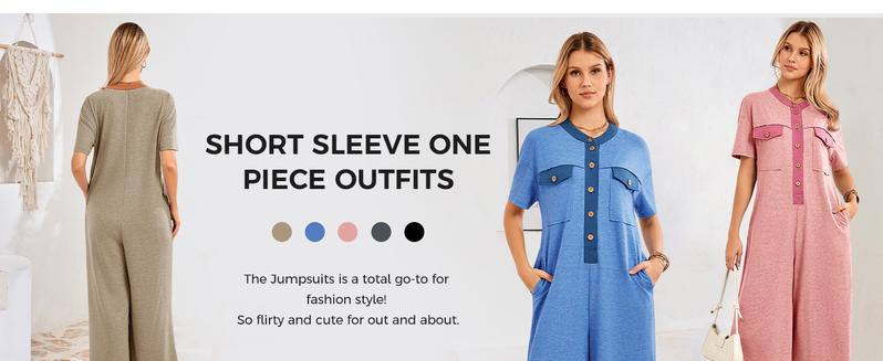 Fisoew Womens Casual Loose Jumpsuits Short Sleeve V-Neck Button Down One Piece Outfits Wide Leg Summer Long Pant Rompers with Pockets #Springtok #TikTokShopJumpstartSale