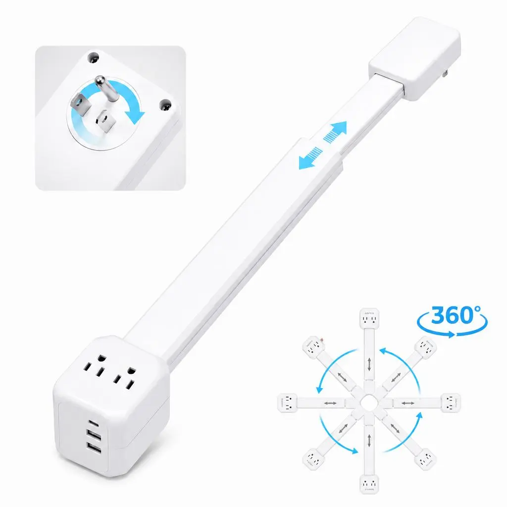 XURATTIX  360° Rotating Outlet Extender with Retractable Extension Arm, Wall Outlet Adapter with 2 AC Outlets and 3 USB Charging Ports, Space Saving Multi Plug for Home, Bedroom, Office and Dorm Us Power Plug Us Standard Plug Universal Socket