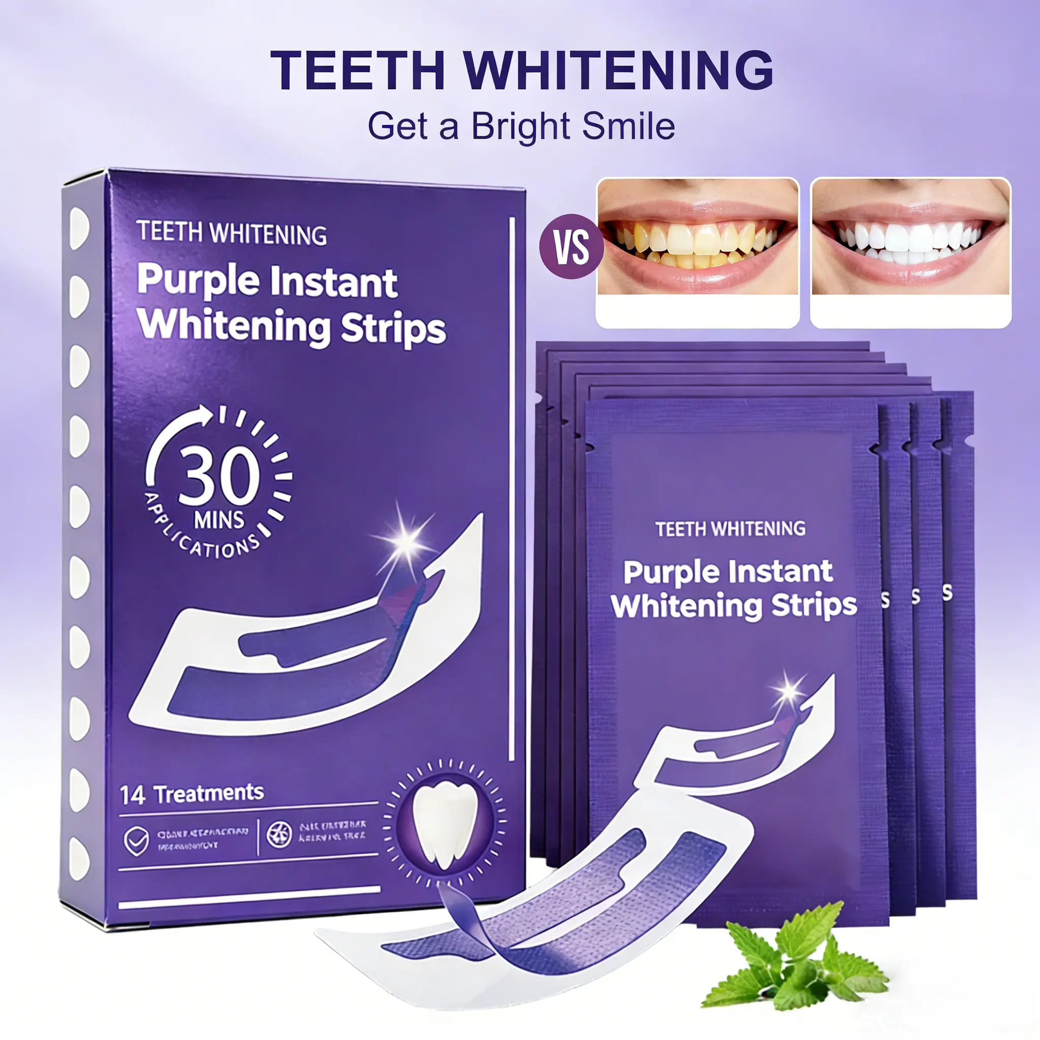 Purple Teeth Whitening Strips 14 Pairs – Peroxide-Free & Enamel Safe for Sensitive Teeth, No Pain Yellow Stain Corrector, Natural Color Enhancement for Brighter Smile, Daily & Travel Use