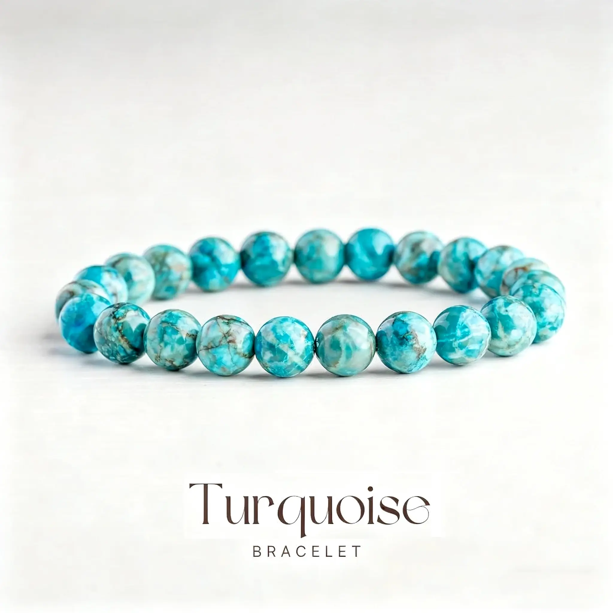 Natural Turquoise 8mm Round Beaded Handmade Elastic Crystal Bracelet, Healing Properties Jewelry for Adults, Ideal Birthday Gift, Daily Wear