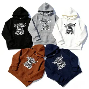 Trendy Highland Cow Graphic Waffle Knit Hoodie for Women – Soft, Warm & Breathable Long Sleeve Drawstring Hooded Sweatshirt with Kangaroo Pocket, Versatile Casual Wear for Autumn, Winter & Everyday Comfort, Unique Animal Print Design