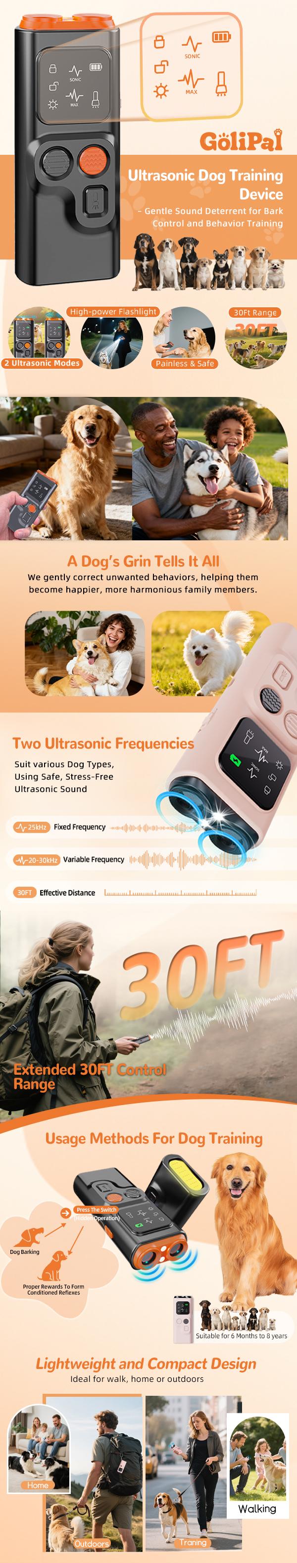 GoliPal 2026 Upgraded Ultrasonic Dog Training Aid with LED Flashlight & HD Display USB Rechargeable Handheld Device for Puppy Barking Issues Correction Functionality