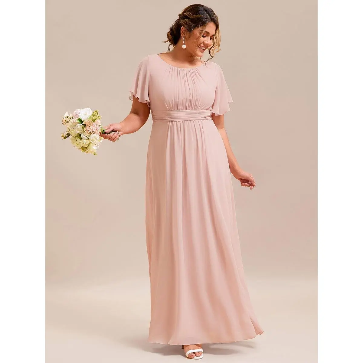 pretty KIMORA|Plus Size Simple Chiffon Pleated A-Line Round Neckline Bridesmaid Dress 01840