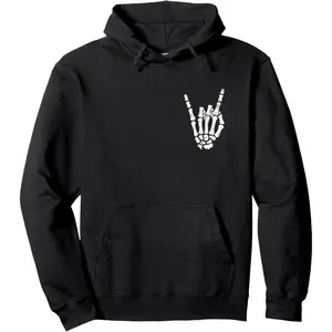 Men's Skeleton Rock N Roll Symbol Graphic Hoodie - Cotton Blend Black Long Sleeve Pullover Regular Fit |   Soft & Breathable Fabric, Durable Print, Everyday Comfort, Machine Washable, casual urban street