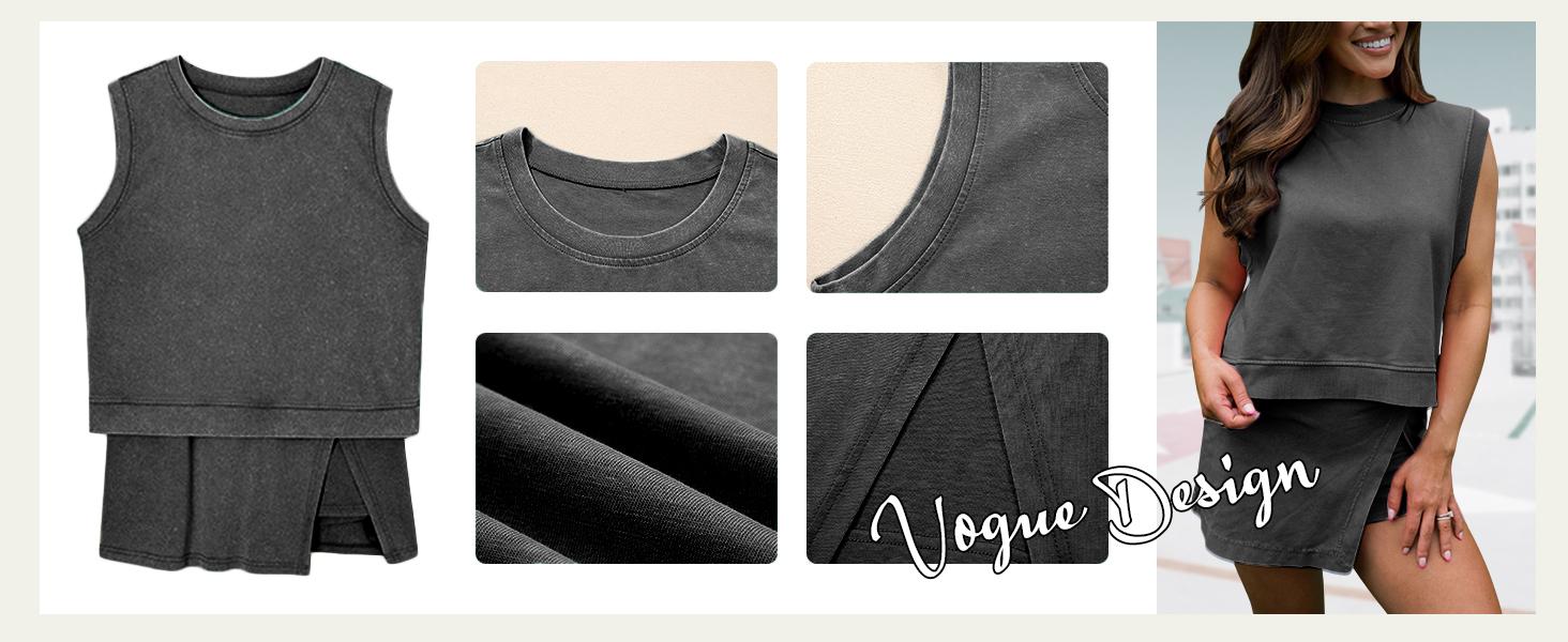 Tanming Womens Travel Outfits Summer Lounge Set Two Pieces Mineral Wash Cotton Tank Top Lined Split Athletic Skirt Set SummerFreshness #SpringStatements