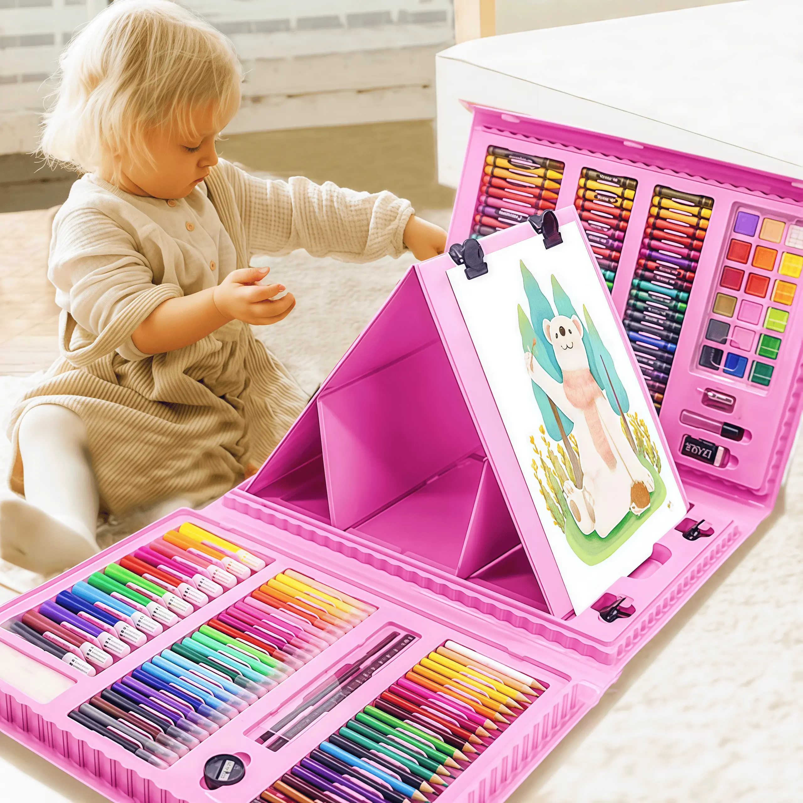 208 PCS Art Supplies, Drawing Art Kit for Kids, Art Set with Double Sided Trifold Easel, Oil Pastels, Crayons, Colored Pencils, Watercolor Pens Gift for Girls and Boys, Pink