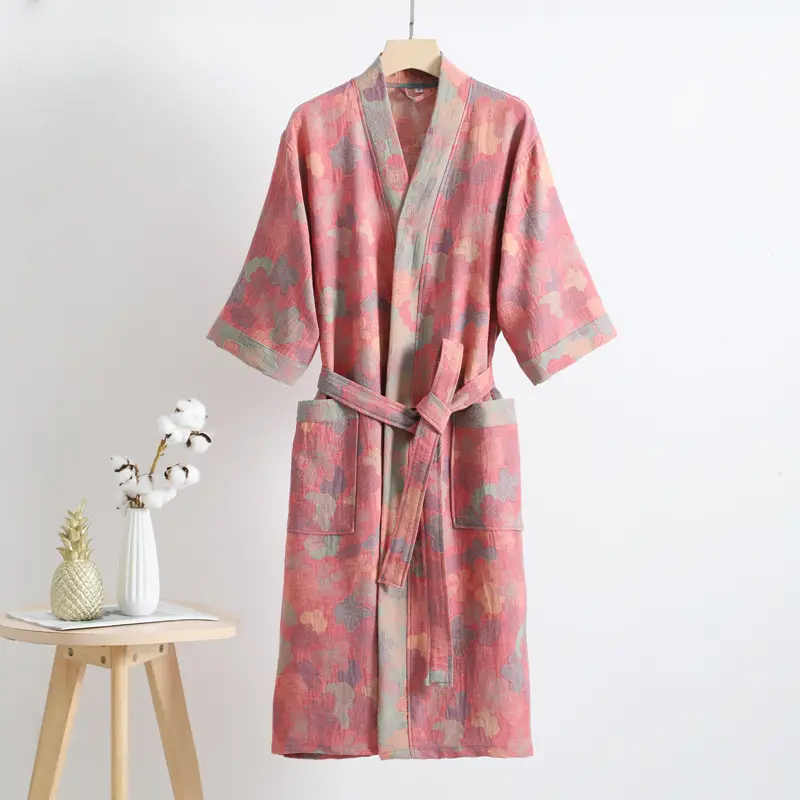 Women's 100% Cotton Nightwear, Casual Floral Double Gauze Gown with 3/4 Sleeves and Waist Belt, Knitting