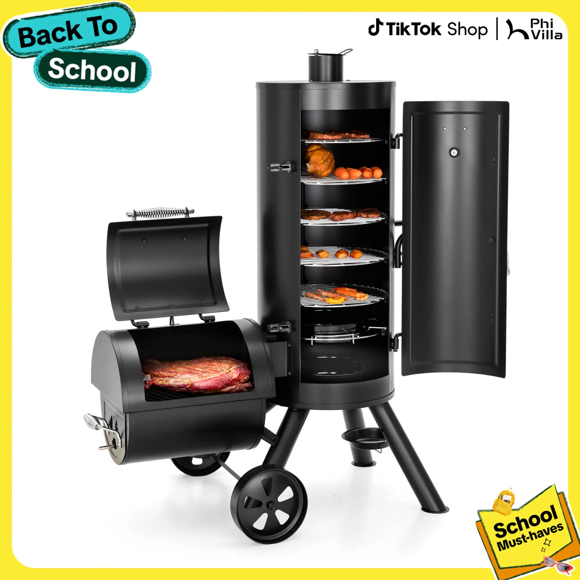 PHIVILLA Charcoal Vertical Smoker Grill and Offset Smoker Grill Combo, Extra Large Outdoor Barrel BBQ Meat Smoker with 5 Removable Smoking Grates & Built-in Hooks