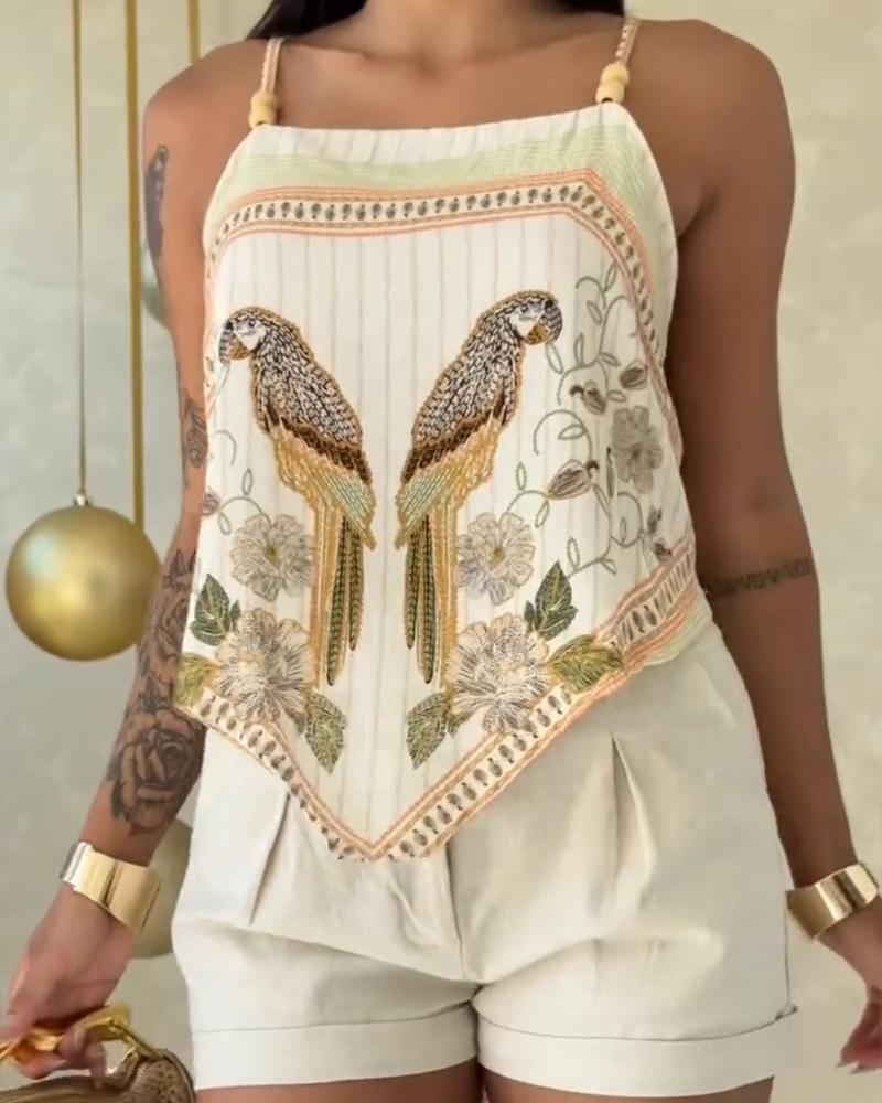 ChicMe Women's Tropical Animal & Plants Print Square Neck Adjustable Spaghetti Straps Top Sexy Backless Tie Back Asymmetrical Hem Cami Top