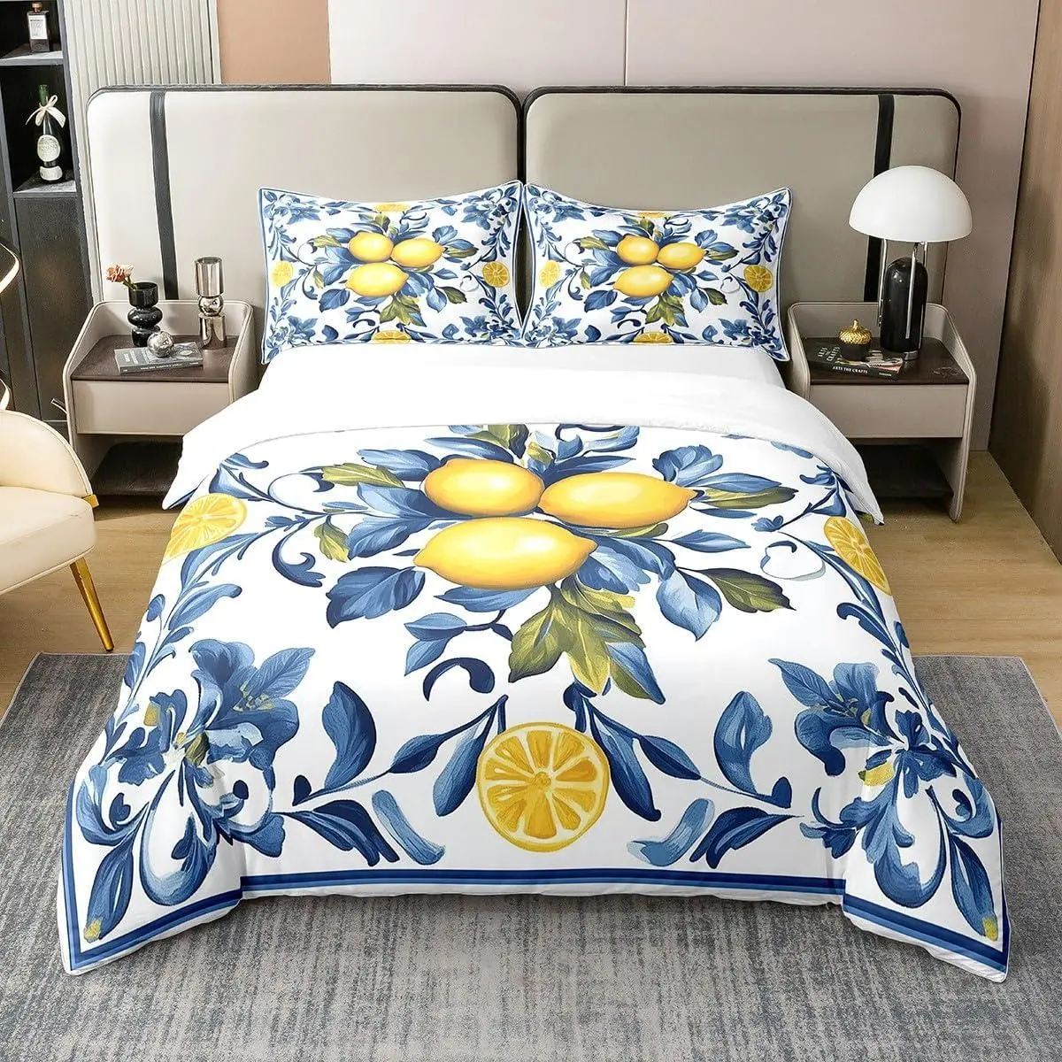 Lemon Cotton Duvet Cover Sets(NO Comforter),Retro Farmhouse Lemon Trees Comforter Cover Adults Bedroom Decor,Blue Leaves Bedding Set,Botanical Plants Quilt Cover