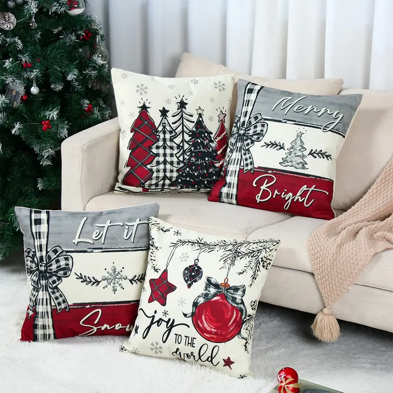 4pcs Set of 18x18 Inch Christmas Throw Pillow Covers,  Winter Holiday Cushion Case Decoration, Snowman Christmas tree Designs, ZipperClosure,Linen,Peach Skin, Merry Christmas Decor 2026 for Home, Couch, Sofa, Living Room – No Inserts Included