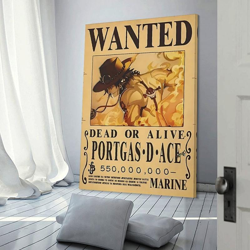 "Fire Fist Ace" popular Japanese anime One Piece wanted poster canvas art print, featuring high-quality dynamic artwork. This urban-style wall decor is perfect for bedrooms, studies, and studios, with the cartoon image printed on canvas.