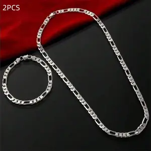 925 Sterling Silver plated 5MM Chain for Men Women Bracelet Necklace Jewelry Set Lady Valentine‘s Gifts Charms Wedding