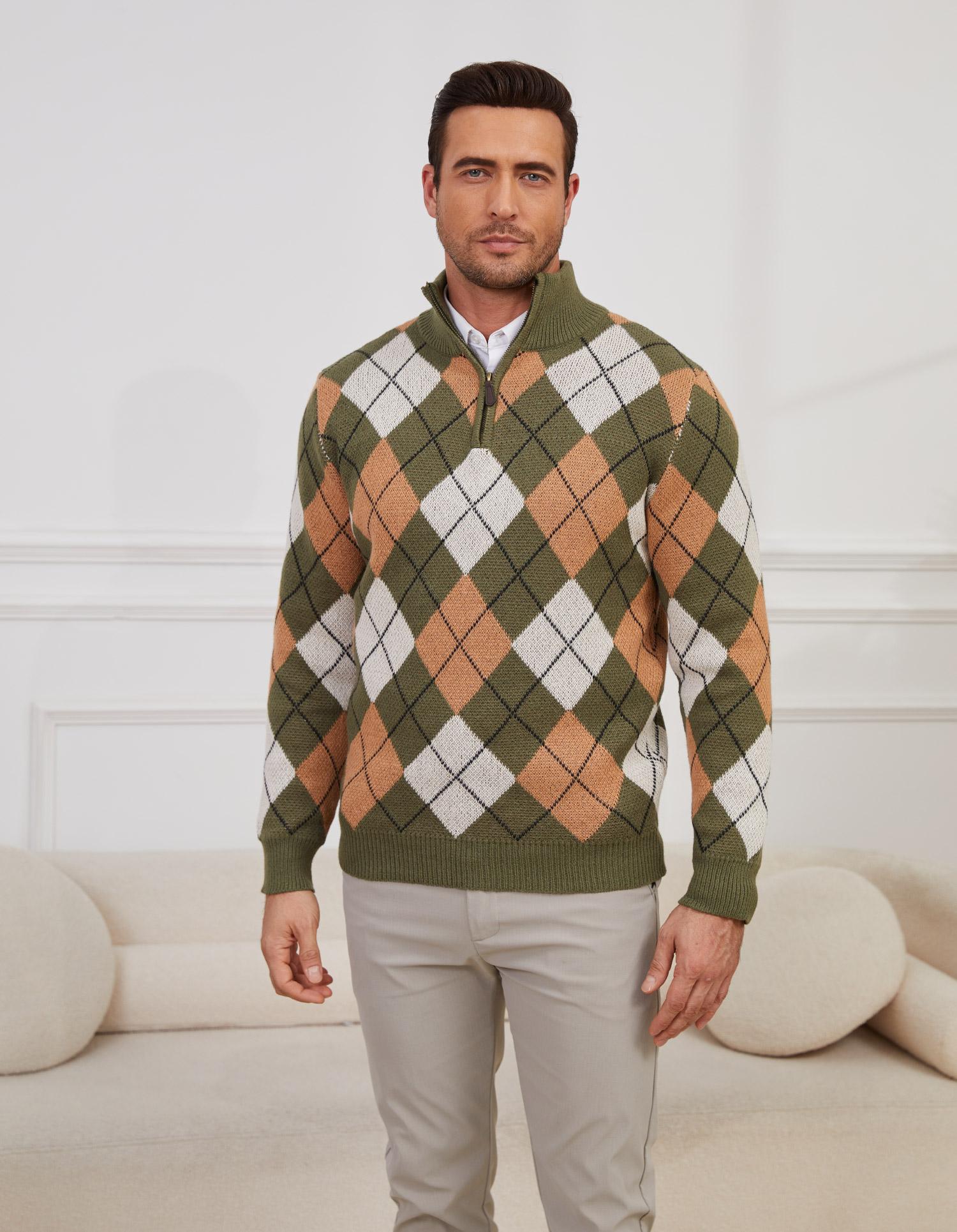 Zaitun Men's Argyle Pattern Quarter-Zip Sweater Polo Zip Up Pullover Cable Knit Turtleneck Tops Long Sleeve Casual Friday Springtok Knitwear Fashion Menswear