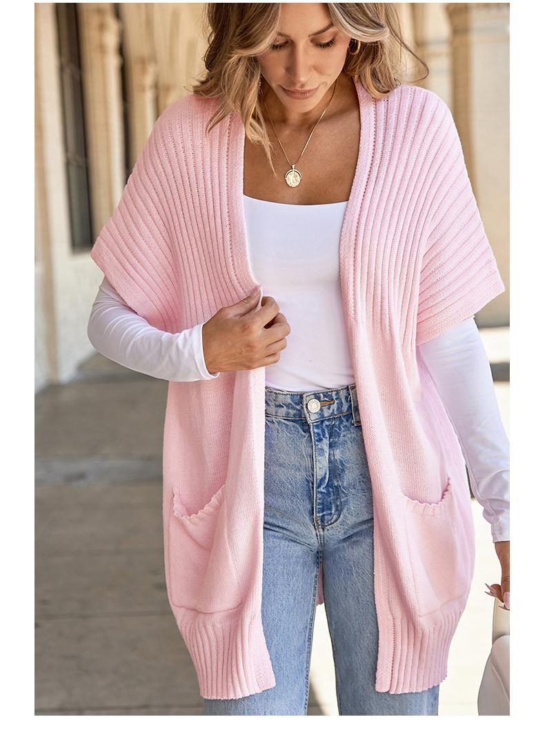 Shewin 2026 Spring Cozy Ribbed Open-Front Cardigan Women's Oversized Short-Sleeve Knit Layering Piece with Pockets for Daily Wear Basic Cotton Blend Shortsleeve