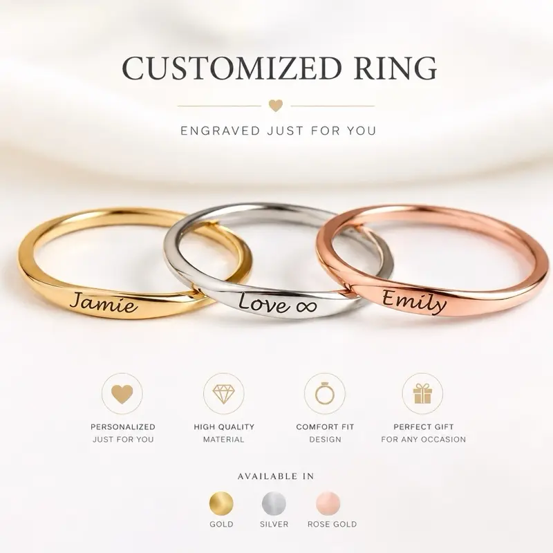 Personalized Stackable Rings Custom Name Text & Date Engraving Meaningful Gift in Gold Silver or Rose Gold Comfort Fit