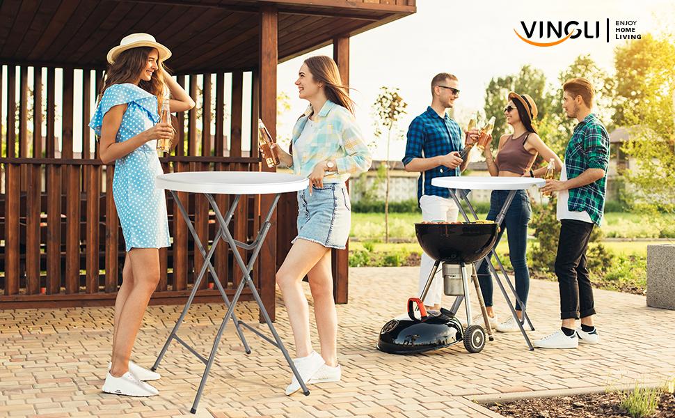 VINGLI 23.5/32" Plastic Folding Round Table Bar Height, HDPE Matrial with Gray Metal Finish, High Top Table for Outdoor Party, Cafes, Restaurants, Backyard, Dining Room, Wedding Event,1 Pack, White/Black