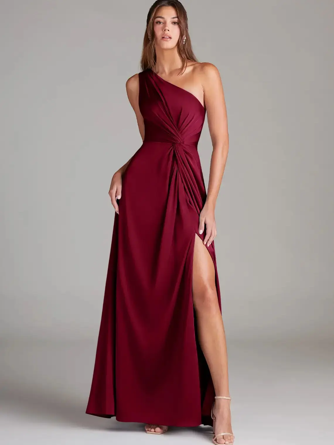 Azazie Brooke One Shoulder Ruched Side Knot Slit A-Line Luminous & Stretch Satin Maxi Dress
