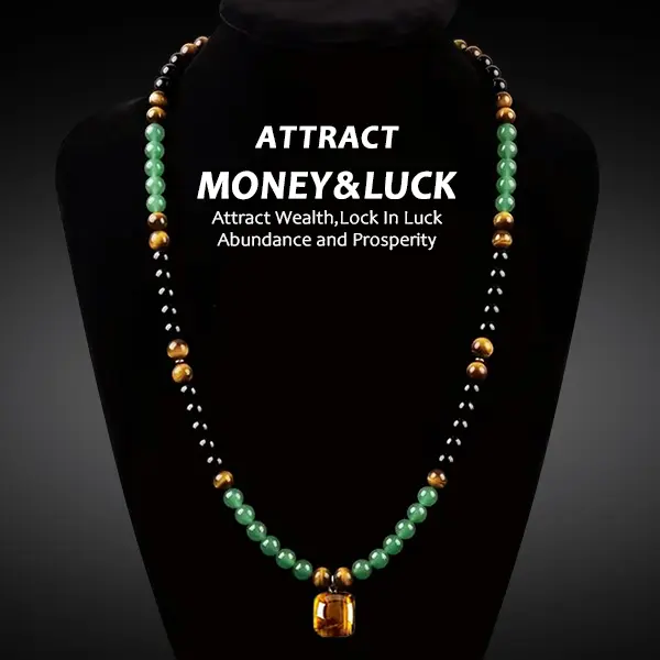 PETRALUNE money necklace featuring green agate and tiger’s eye pendants; healing crystal jewelry suitable for vacations and themed parties; can be worn as a jewelry accessory or amulet; an ideal gift piece of jewelry for both men and women.