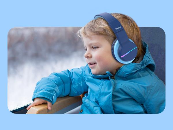 iClever Kids BTH12 Bluetooth Headphones with 4 Colorful LED Lights Modes Volume Limited 55H Playtime Built-in Mic for iPad Tablet Audio Headset