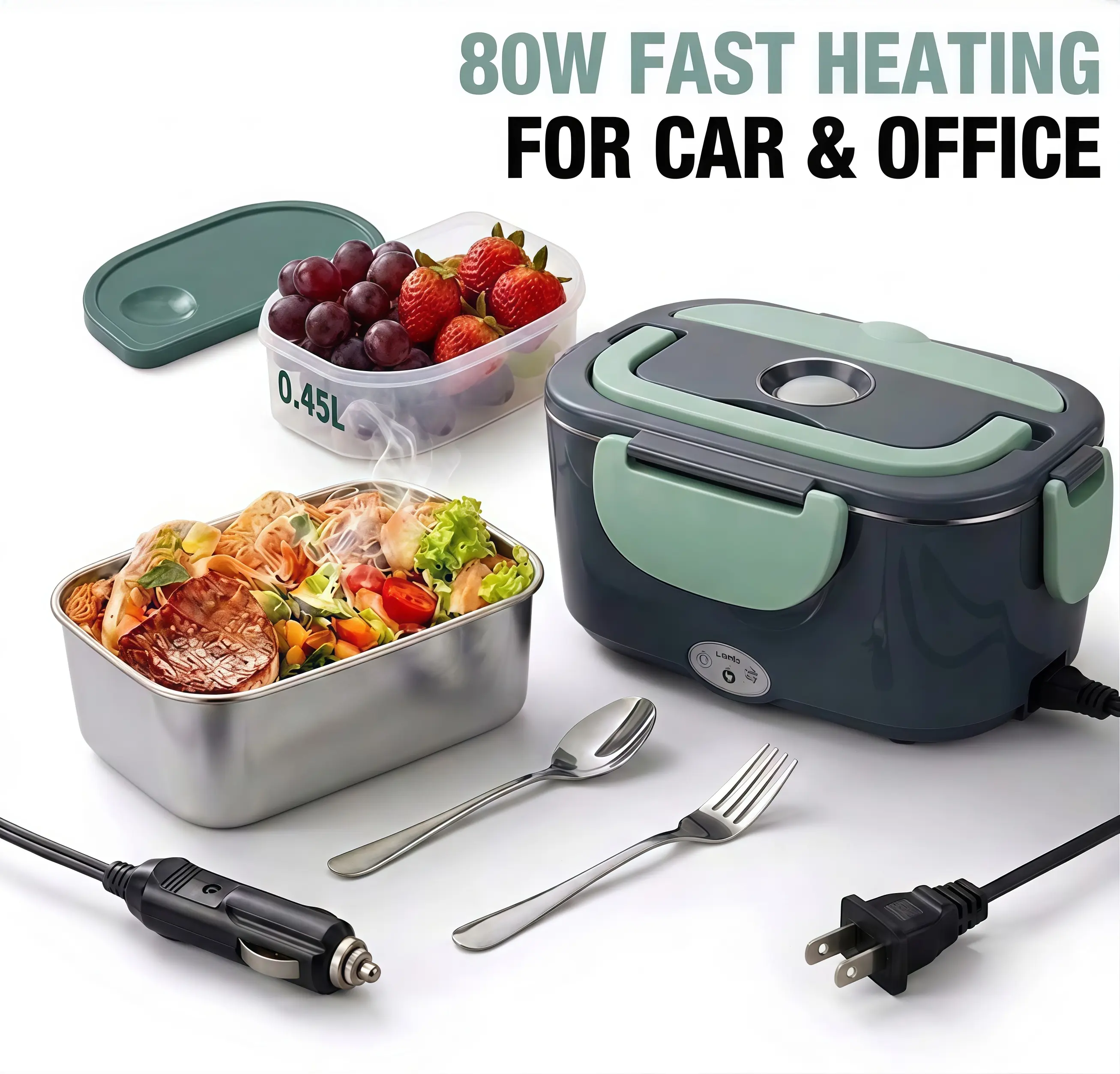 NextQube Electric Heated Lunch Boxes Adults: 80W Electric Lunch Box Food Heated 12/24/110V 1.5L Heatable Lunch Box for Car/Truck/Office Leak-Proof Stainless Steel Container, Fork & Spoon, Bag
