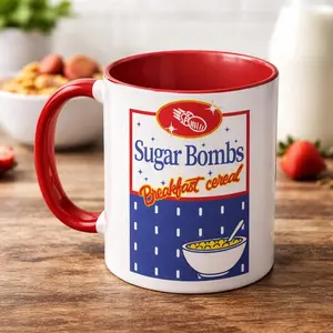 Fallout Sugar Bombs Breakfast Cereal Mug | Retro Video Game Coffee Cup | Black Two-Tone Ceramic Mug for Gamers | Fan Gift Idea