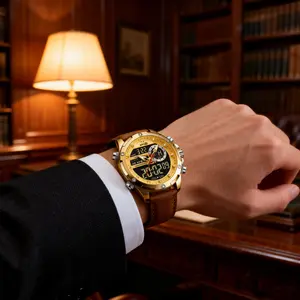 Watch for Men Leather Casual Chronograph Analog Dress Strap Waterproof Luminous Fashion Easy to Read Gold Case Mans Watches
