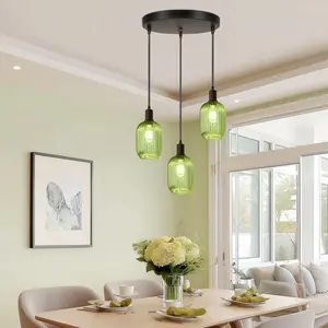 3-Light Green Glass Pendant Light, Modern Linear Cluster Hanging Ceiling Light with Ribbed Glass Shades, Adjustable Height Pendant Lighting for Kitchen Island, Dining Room, Living Room