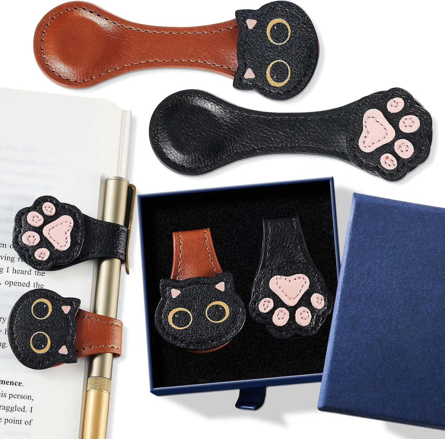 2Pcs Magnetic Leather Bookmarks with Gift Box Magnetic Pen Holder Book Marks Clip Gift for Book Lover Readers Men Women Teachers Students, Cat+Paw (Brown+Black)