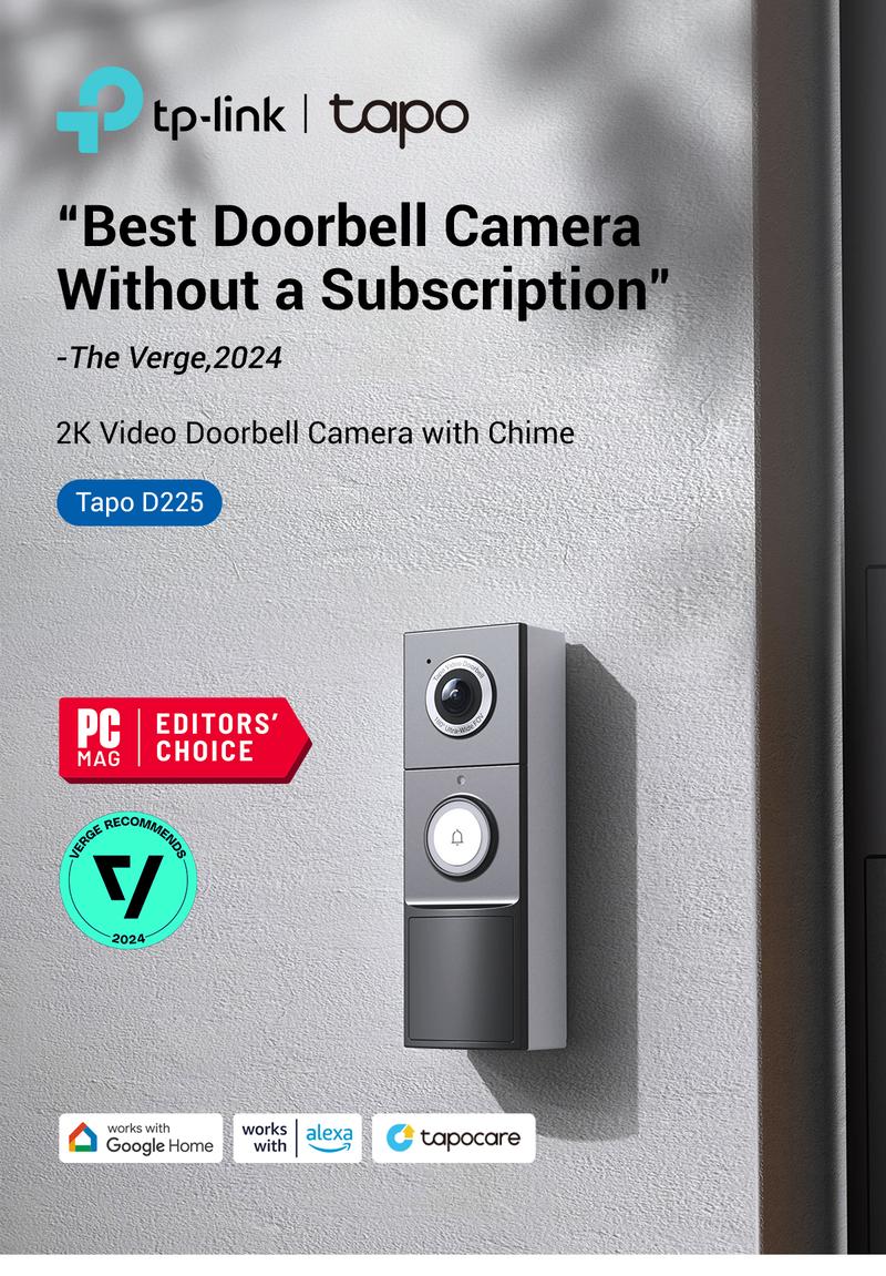 TP-Link & Tapo D225 Smart Video Doorbell Camera with Chime | 2K QHD, 180° Head-to-Toe View, Battery or Hardwired, Color Night Vision, FREE Person/Package/Vehicle AI Detection, Ring-Call, 24/7 Local Storage(No Monthly Fee) Home Security System