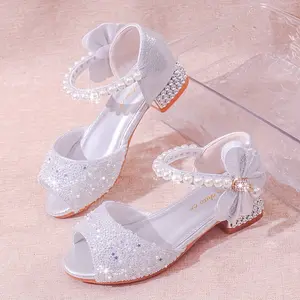 Girls' Sparkling Princess Sandals - Adjustable Hook-and-Loop Low Block Heel Shoes with Soft TPR Sole Weddings, Parties & Performances (2025 New Design), Footwear |       Bow Embellished Sandals |       Decorative Pearls, Girls Shoes