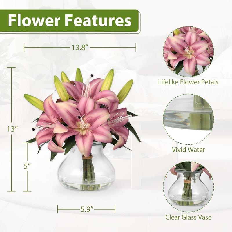 6-Pack Realistic Silk Lilies Artificial Flowers with Glass Vase – Lifelike Faux Lily Bouquet for Home Wedding Office Decor,No Maintenance,Bendable Stems,Ready to Display