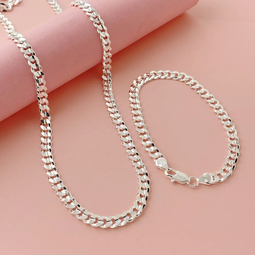 7MM Chunky 925 Silver Plated Chain Set | 19.68 inches(50CM)/23.6 inches(60CM)) Necklace + 7.9 inches(20CM) Bracelet | Heavy Streetwear Jewelry for Men & Women