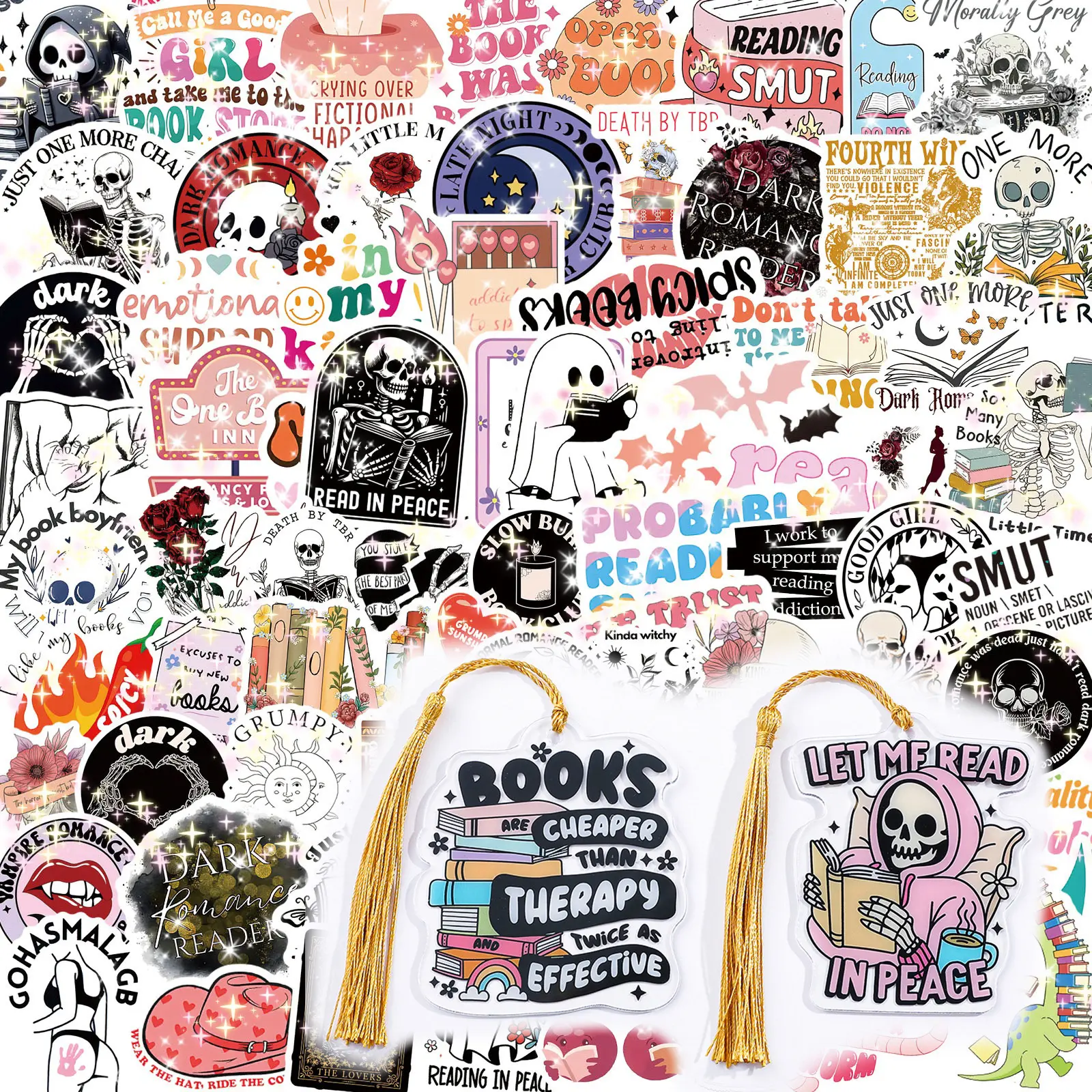 Gothic Skeleton Bookmarks Holographic Stickers 175-Pack for Laptops Water Bottles Dark Romance Sc Art Markers Bookish Stickers for Kindle,back to school,back to school haul
