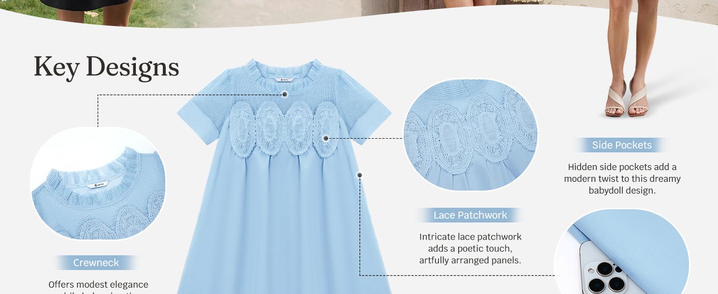 Wenrine Women's Lace Mini Dress Summer Short Sleeve Crewneck Sheer Mesh Casual Loose Ruffle Babydoll Dresses