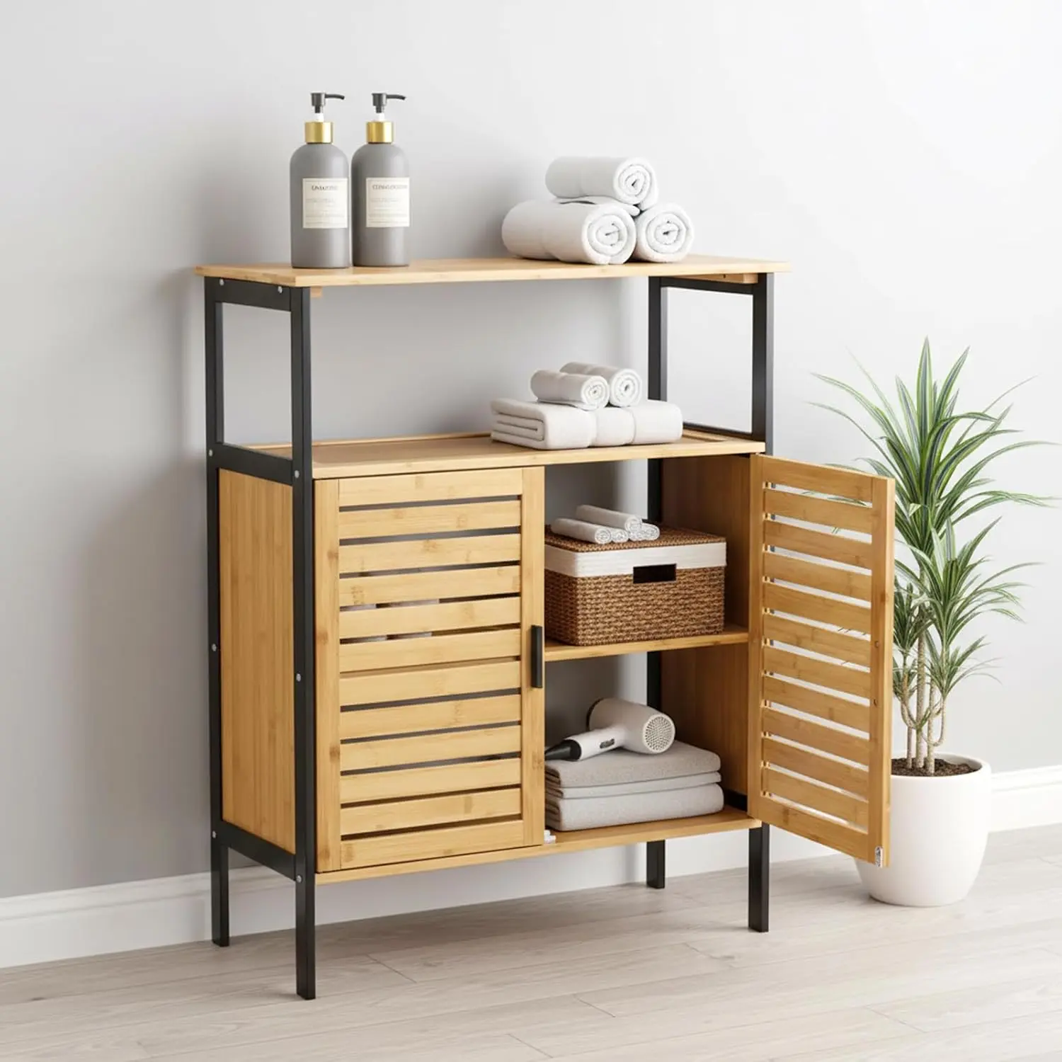 25" Bamboo Storage Cabinet | Double Slatted Door Open Shelf for Whole Home Storage