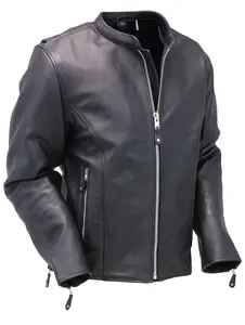 JAMIN LEATHER® Black Café Racer Leather Motorcycle Jacket #M570Z - Classic Menswear Garment with Zip Out Lining & Mandarin Collar - Coats