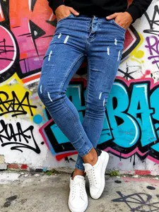 SRETOUU Men's Stretch Skinny Jeans Urban Slim Fit Ripped Blue Denim Long Pants Classic Blue Streetwear Menswear Casual Soft Aesthetics