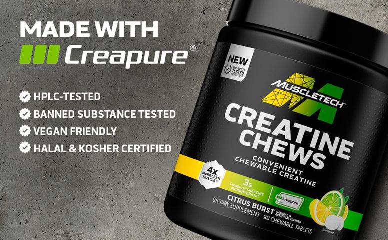 MuscleTech Creatine Chews | Pure Creapure Creatine Monohydrate | Compare to Creatine Gummies | Muscle Recovery + Builder, Cognitive Health, for Men & Women | Workout Supplement | 90 Chewable Tablets | 30 Servings