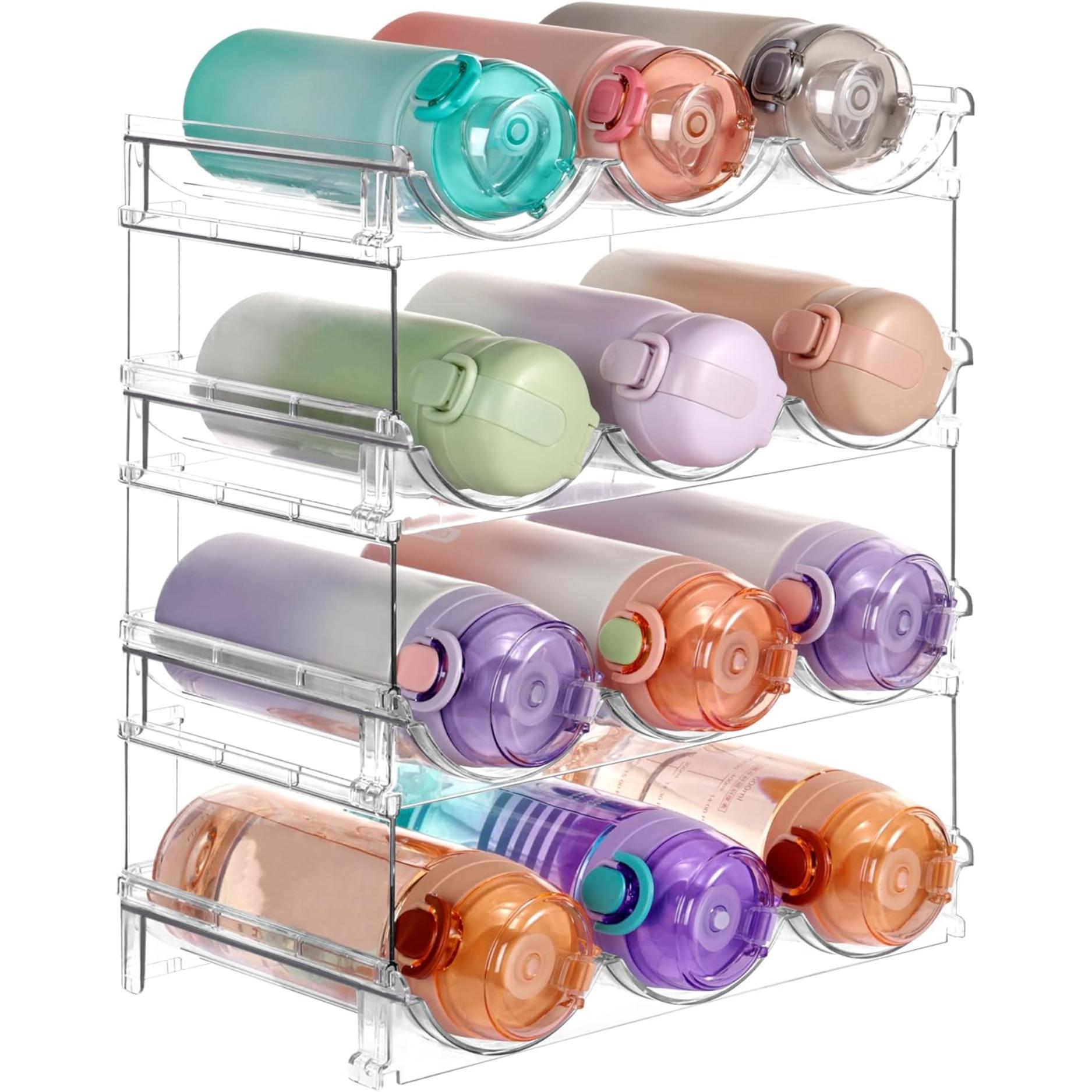 Stackable Water Bottle Organizer Holder, 4 Pack Clear Plastic Cup Storage Rack for Pantry Kitchen Cabinet Cupboard Countertop Organization and Storage, Hold 12 Bottles