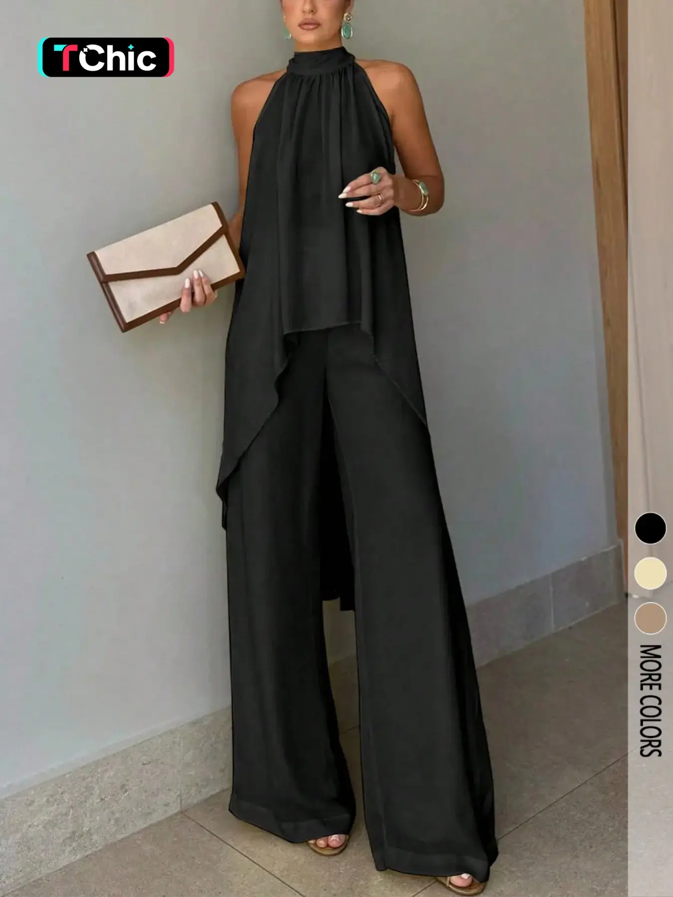 2-Piece Elegant Chic Casual Party Set, Asymmetric-Hem Halter-Neck Sleeveless Top & Wide-Leg Pants, Women's Everyday Vacation & Date Outfit, Spring/Summer